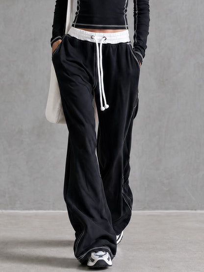Casual Retro Black Cotton Crew Neck Long-sleeved T-shirt And Pants Set