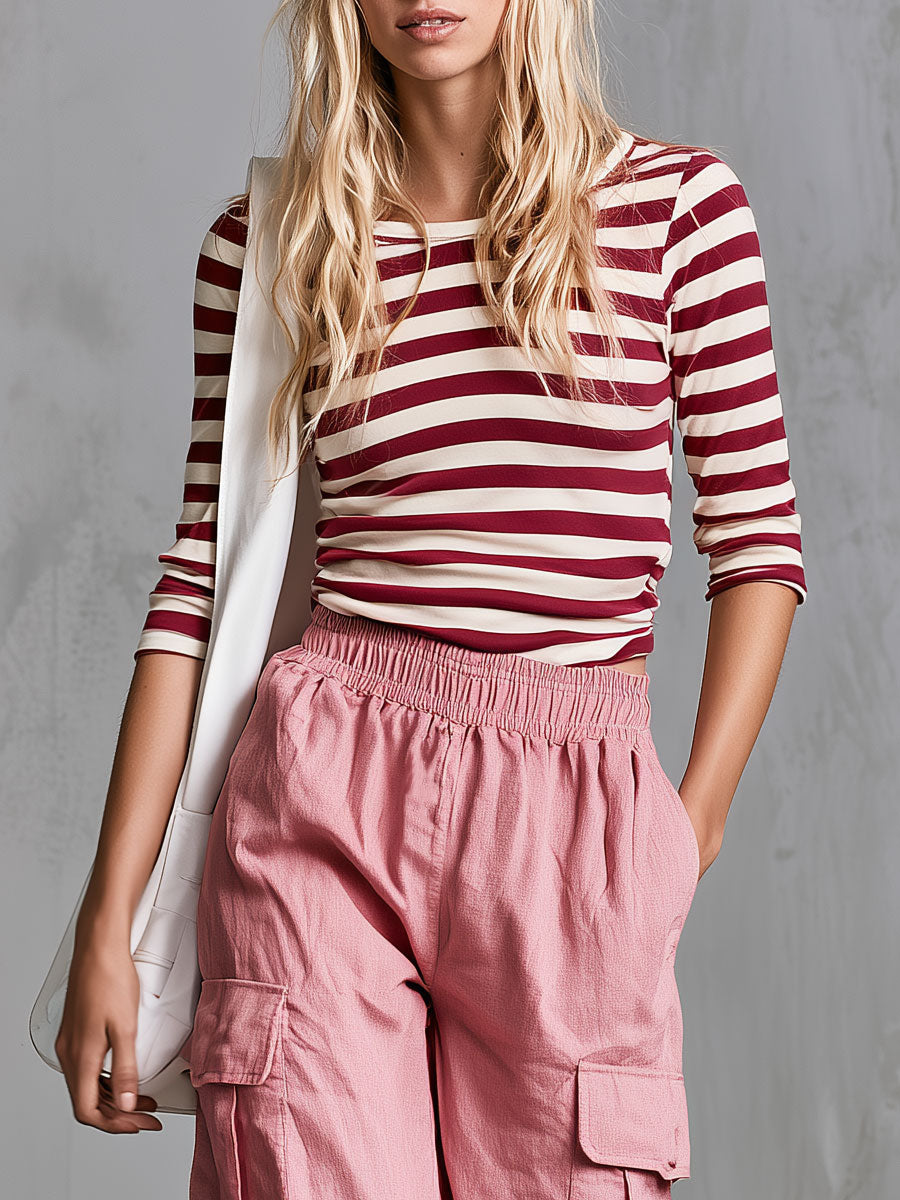 Casual Retro Red Striped T-shirt And Pink Cotton Linen Trousers Set