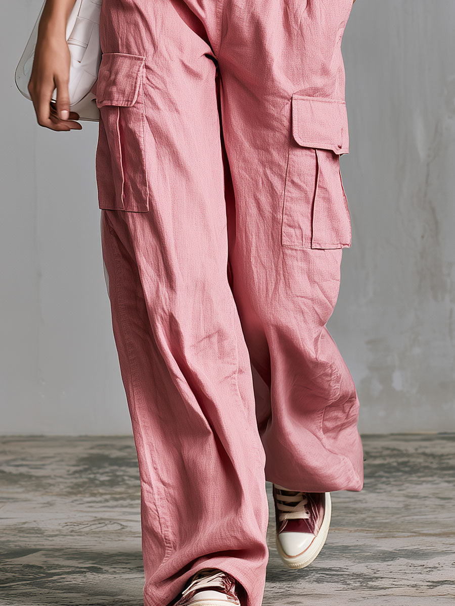 Casual Retro Red Striped T-shirt And Pink Cotton Linen Trousers Set