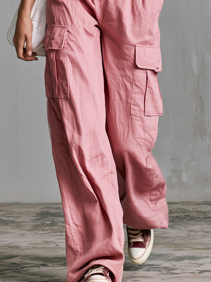 Casual Retro Red Striped T-shirt And Pink Cotton Linen Trousers Set