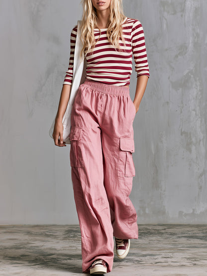 Casual Retro Red Striped T-shirt And Pink Cotton Linen Trousers Set
