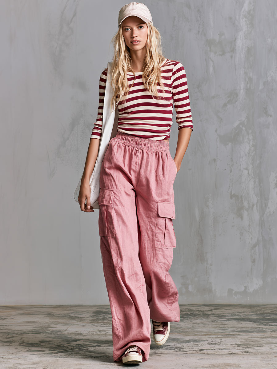 Casual Retro Red Striped T-shirt And Pink Cotton Linen Trousers Set