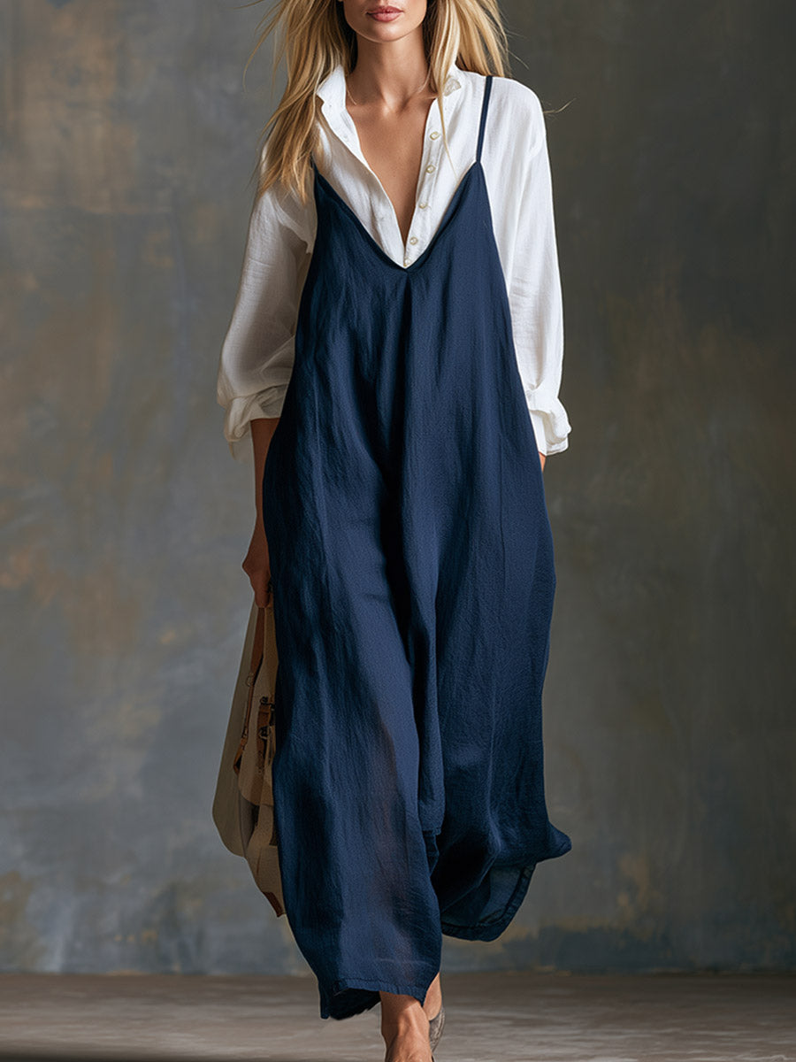 Elegant And Cozy White Shirt And Navy Blue Camisole Maxi Dress Cotton-linen Set