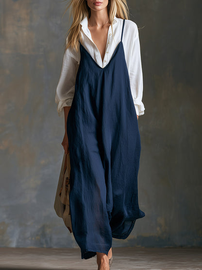 Elegant And Cozy White Shirt And Navy Blue Camisole Maxi Dress Cotton-linen Set