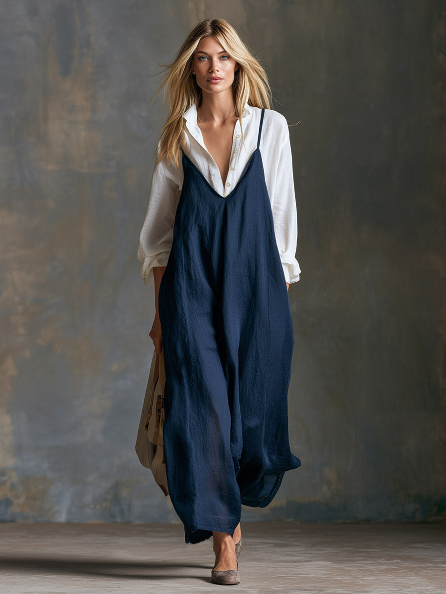 Elegant And Cozy White Shirt And Navy Blue Camisole Maxi Dress Cotton-linen Set