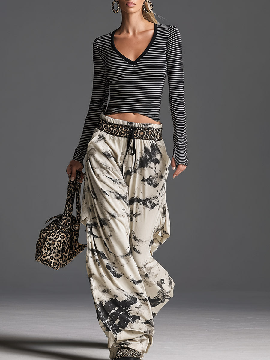 Stylish Sporty Black Striped Top And Printed Wide-leg Pants Set