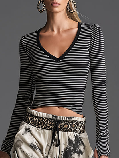 Stylish Sporty Black Striped Top And Printed Wide-leg Pants Set