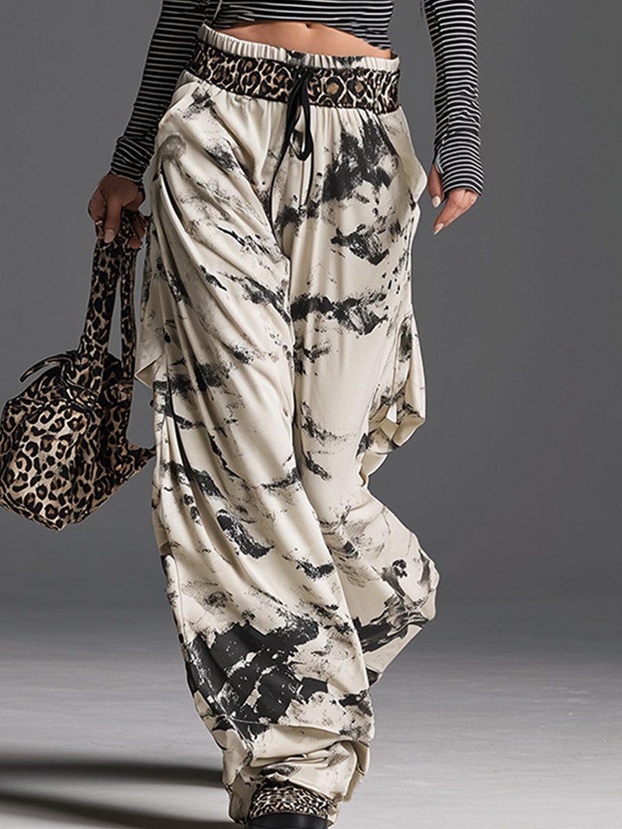 Stylish Sporty Black Striped Top And Printed Wide-leg Pants Set