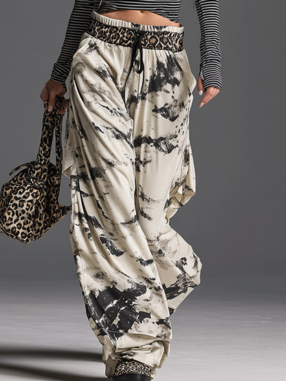 Stylish Sporty Black Striped Top And Printed Wide-leg Pants Set