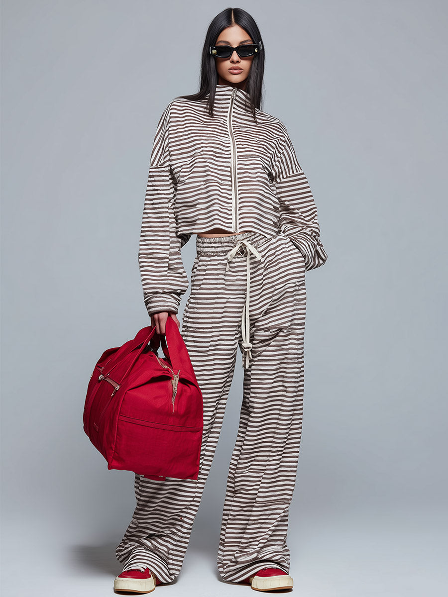 Urban Sporty Brown &amp; White Striped Stand-Collar Zip-Up Sweatshirt And Joggers Set