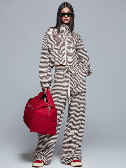 Urban Sporty Brown &amp; White Striped Stand-Collar Zip-Up Sweatshirt And Joggers Set