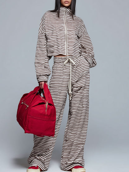 Urban Sporty Brown &amp; White Striped Stand-Collar Zip-Up Sweatshirt And Joggers Set
