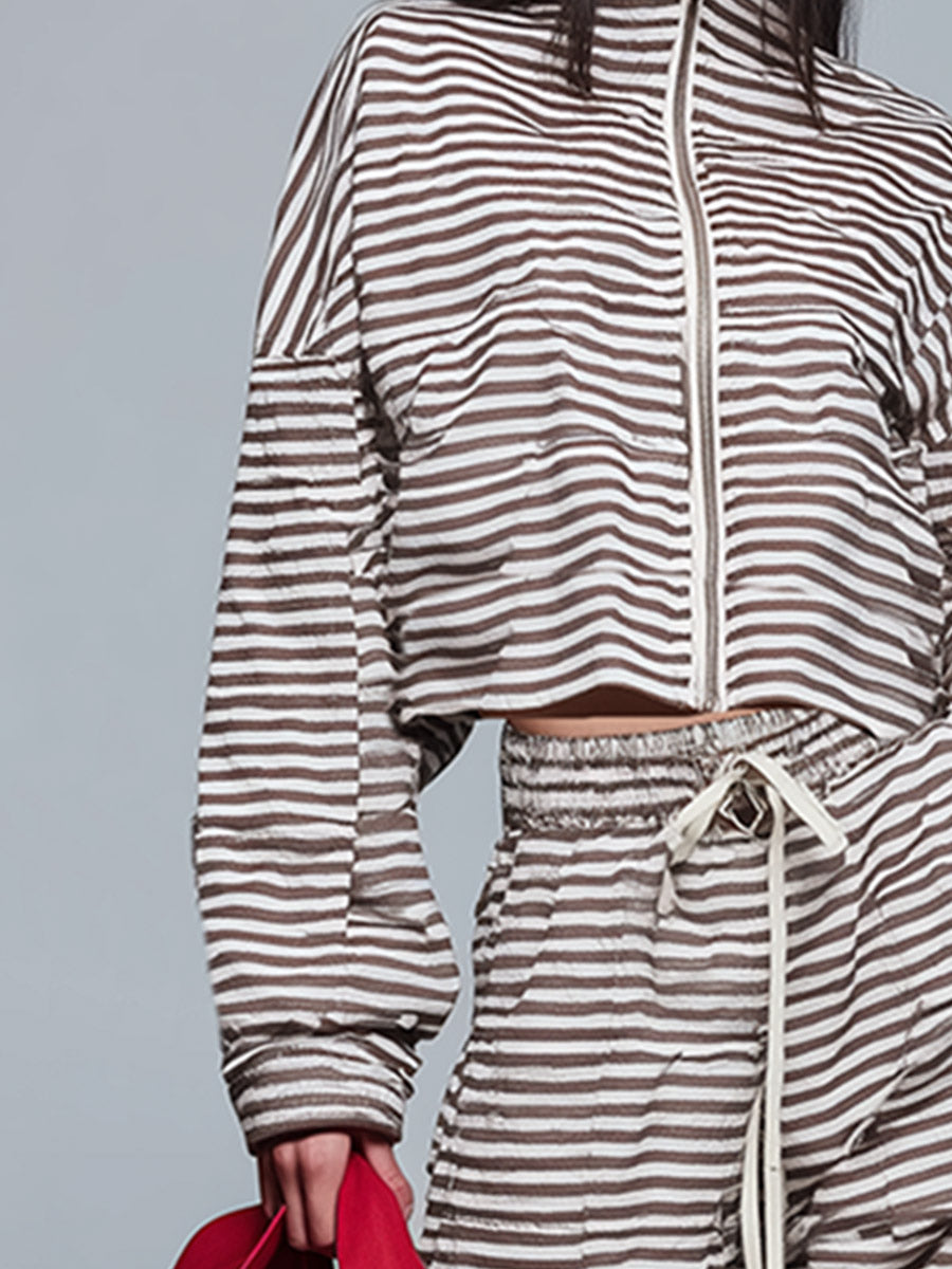 Urban Sporty Brown &amp; White Striped Stand-Collar Zip-Up Sweatshirt And Joggers Set