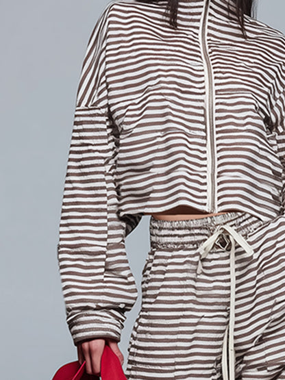 Urban Sporty Brown &amp; White Striped Stand-Collar Zip-Up Sweatshirt And Joggers Set