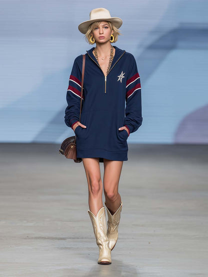 Retro Sporty Navy Star-Embroidered Hooded Half-Zip Long-Sleeve Sweatshirt Mini Dress