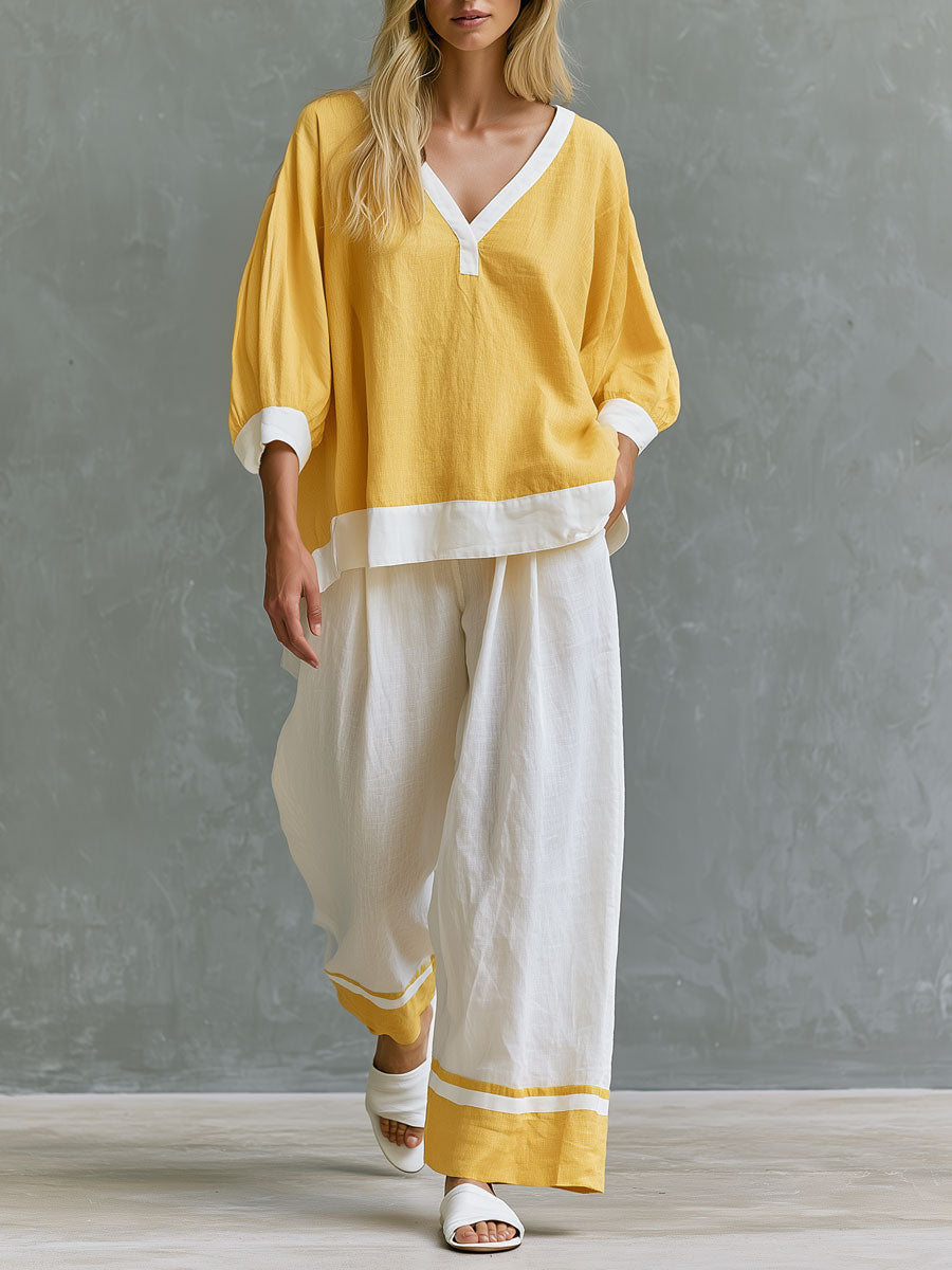 Casual Retro Color-blocked Yellow V-neck Cotton Linen T-shirt And Pants Set