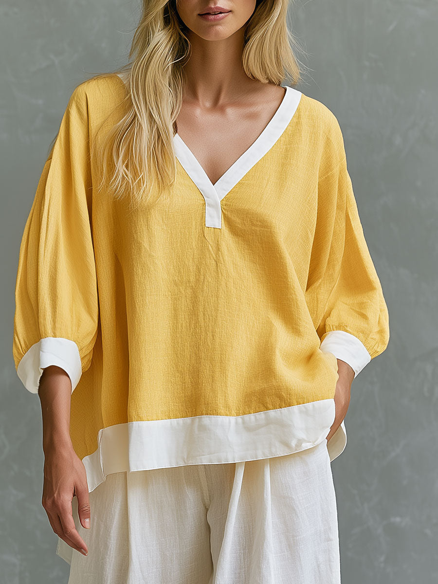 Casual Retro Color-blocked Yellow V-neck Cotton Linen T-shirt And Pants Set