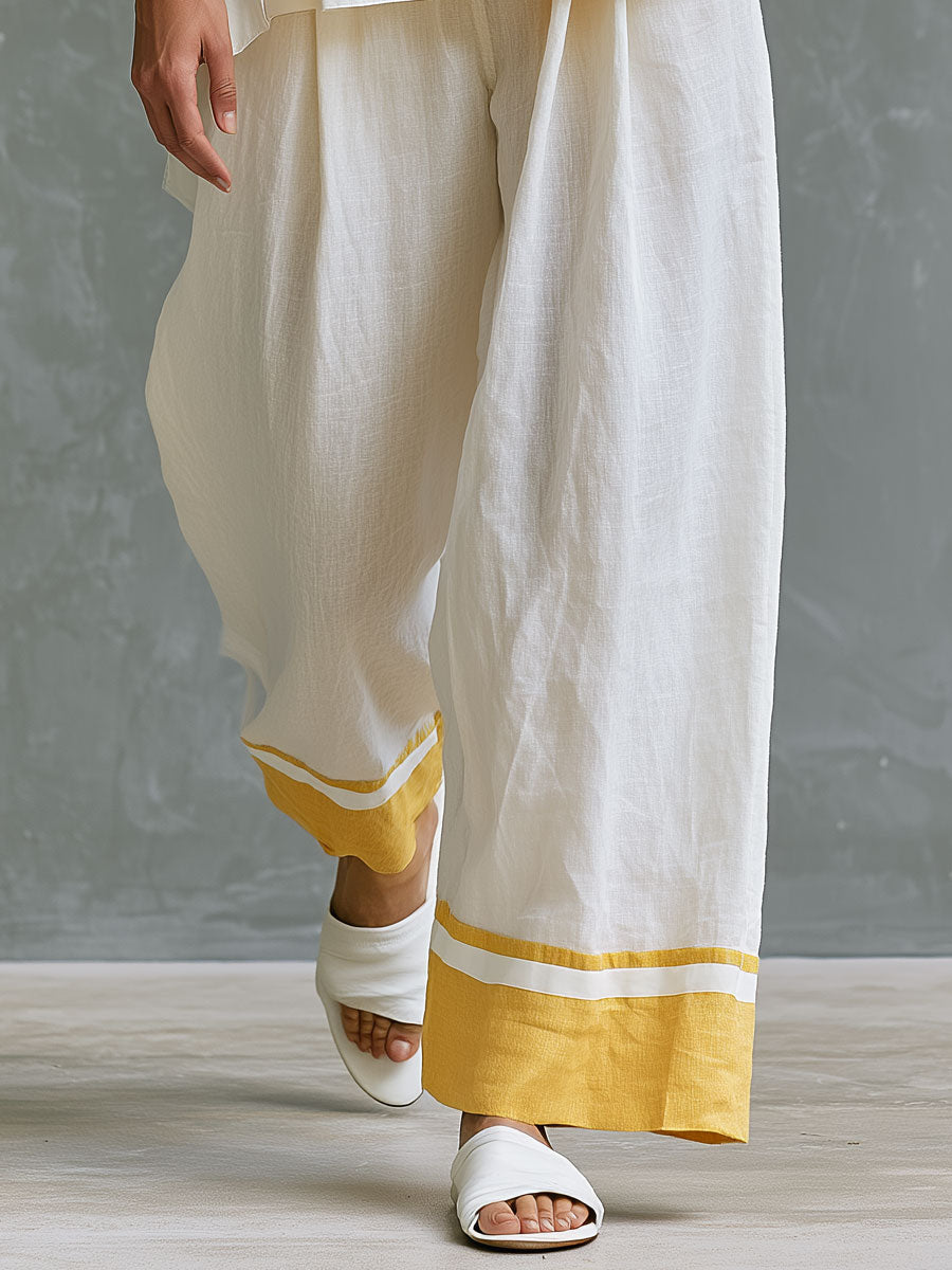 Casual Retro Color-blocked Yellow V-neck Cotton Linen T-shirt And Pants Set