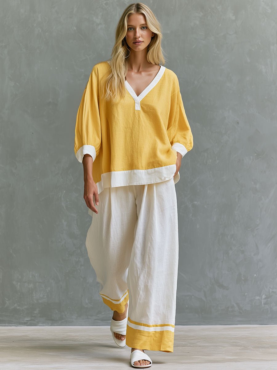Casual Retro Color-blocked Yellow V-neck Cotton Linen T-shirt And Pants Set