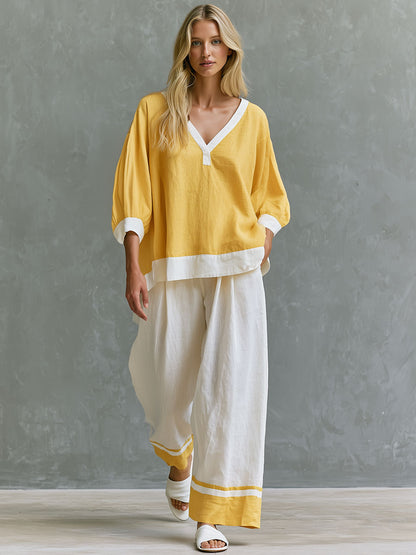 Casual Retro Color-blocked Yellow V-neck Cotton Linen T-shirt And Pants Set