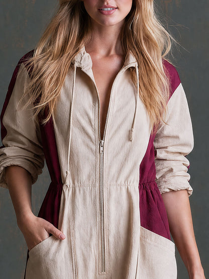 Casual Retro Color-blocked Hooded Zip-up Long-sleeved Cotton Jumpsuit