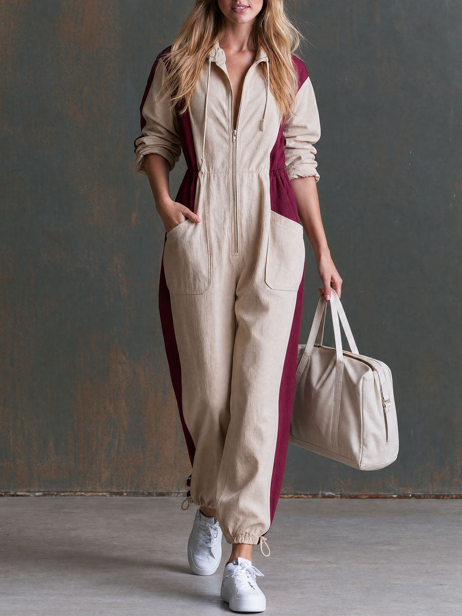 Casual Retro Color-blocked Hooded Zip-up Long-sleeved Cotton Jumpsuit
