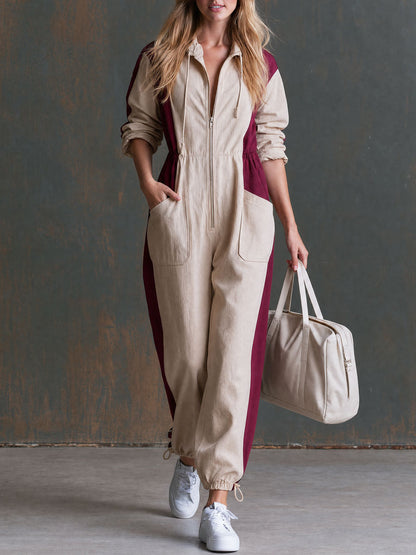 Casual Retro Color-blocked Hooded Zip-up Long-sleeved Cotton Jumpsuit