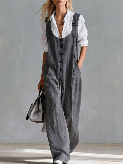 Elegant And Minimalist White Shirt And Grey Striped Suspender Jumpsuit Set