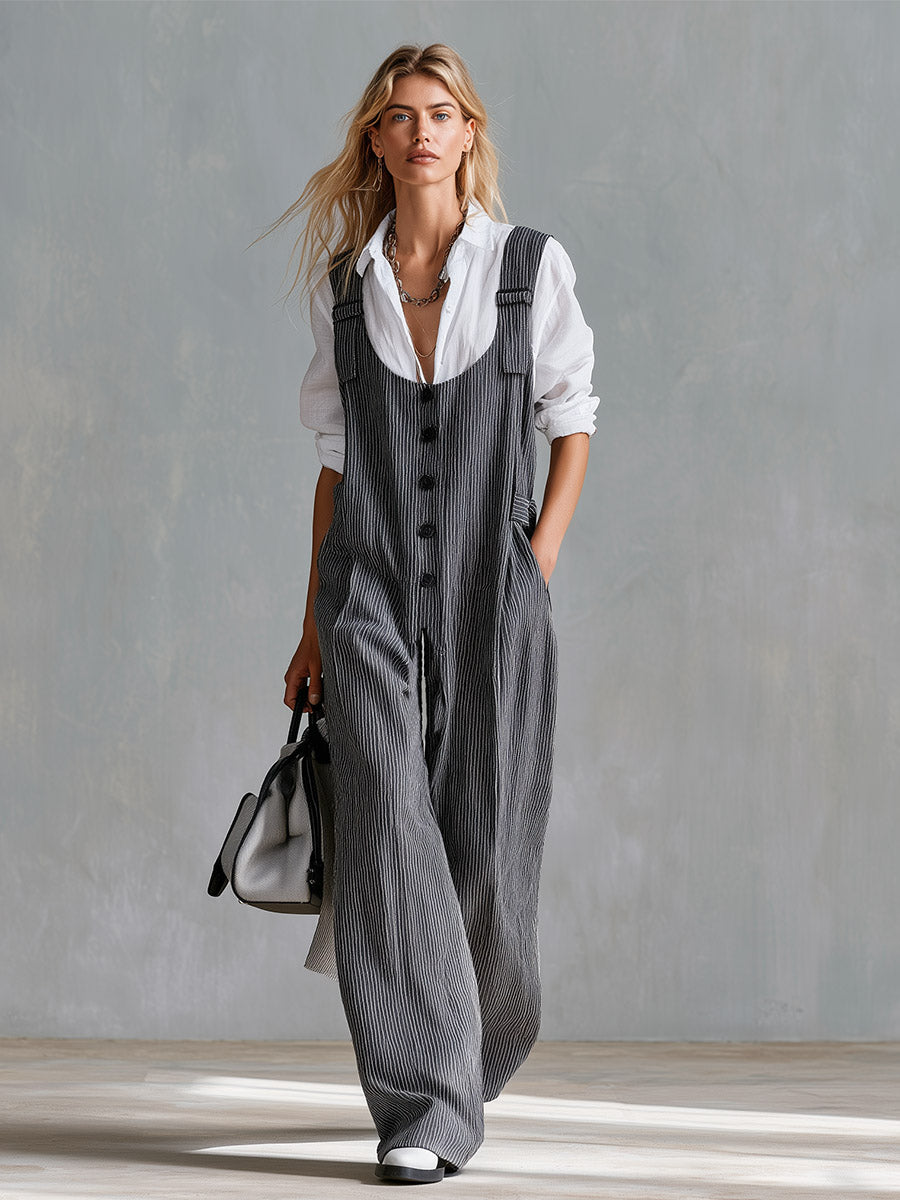 Elegant And Minimalist White Shirt And Grey Striped Suspender Jumpsuit Set