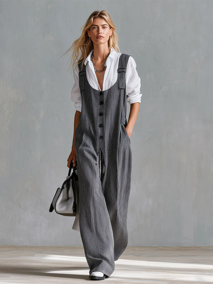 Elegant And Minimalist White Shirt And Grey Striped Suspender Jumpsuit Set