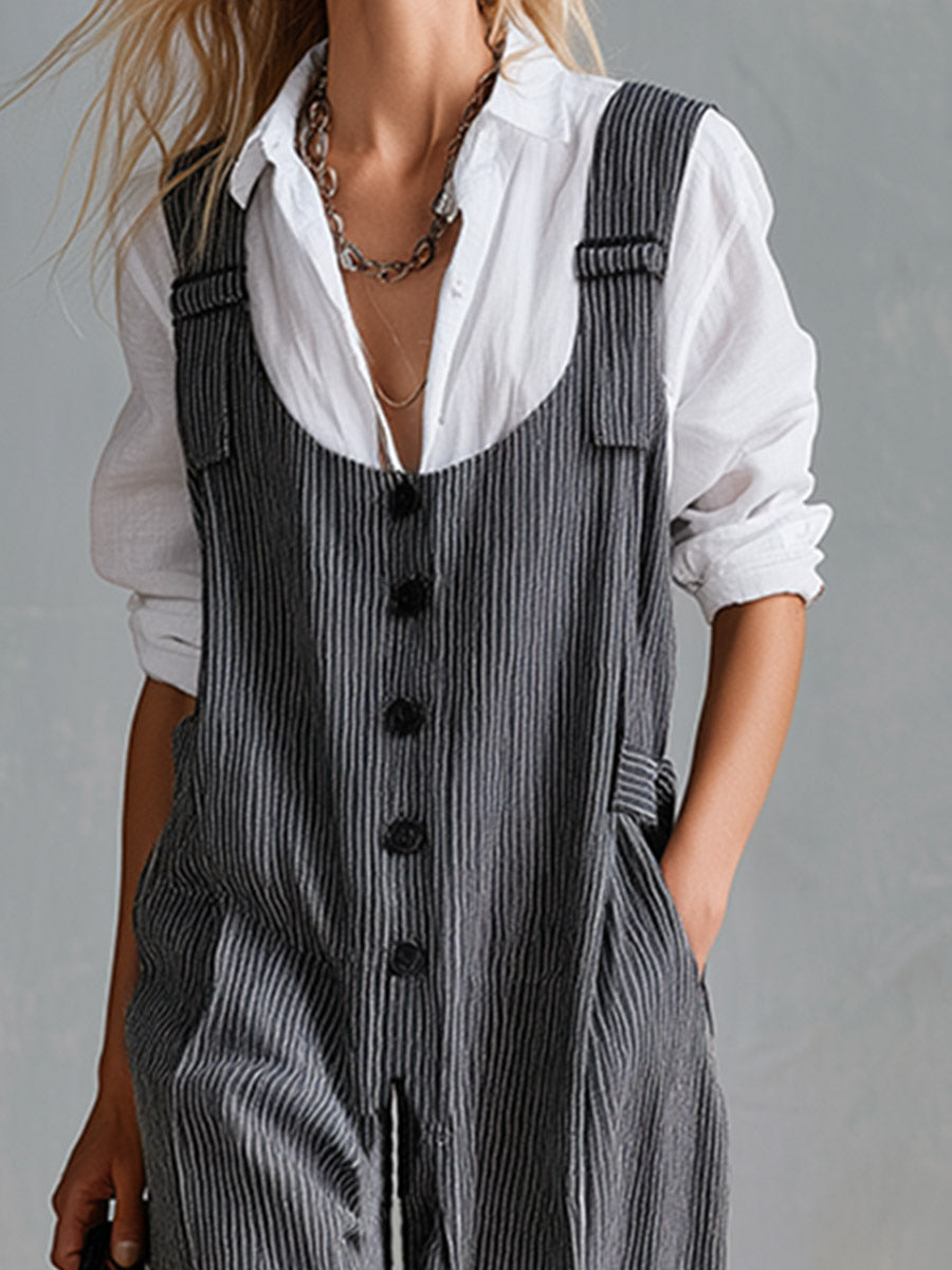 Elegant And Minimalist White Shirt And Grey Striped Suspender Jumpsuit Set