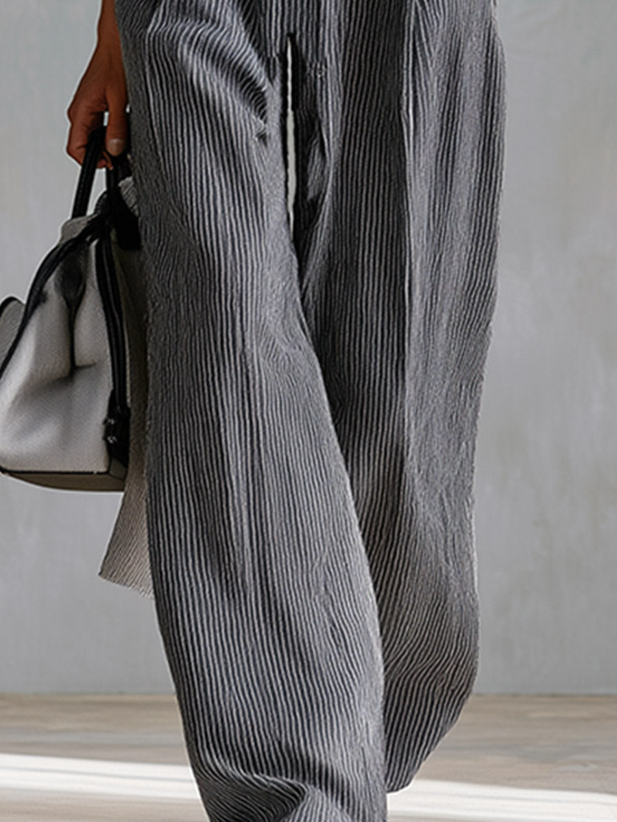 Elegant And Minimalist White Shirt And Grey Striped Suspender Jumpsuit Set