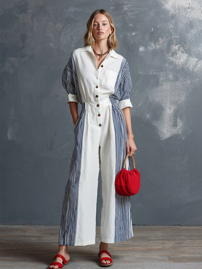 Elegant Classic White Patchwork Stripe Short-Sleeve Jumpsuit