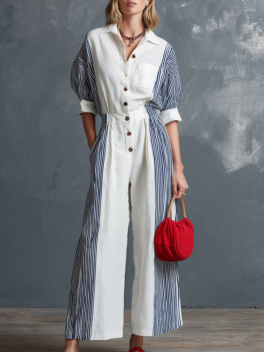Elegant Classic White Patchwork Stripe Short-Sleeve Jumpsuit
