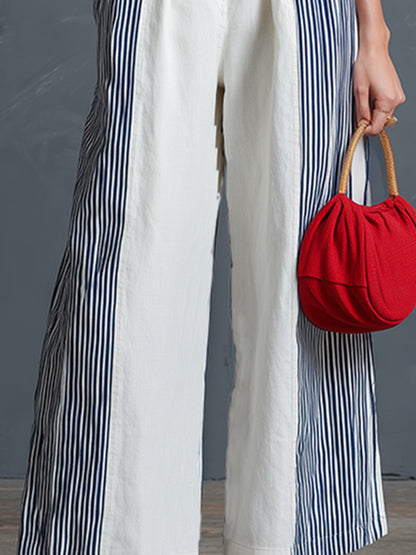 Elegant Classic White Patchwork Stripe Short-Sleeve Jumpsuit