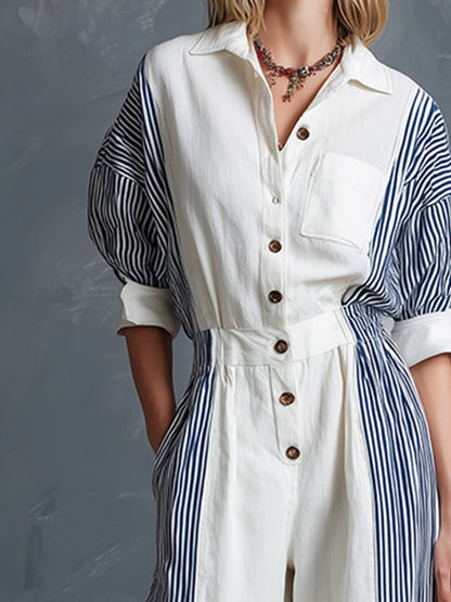 Elegant Classic White Patchwork Stripe Short-Sleeve Jumpsuit