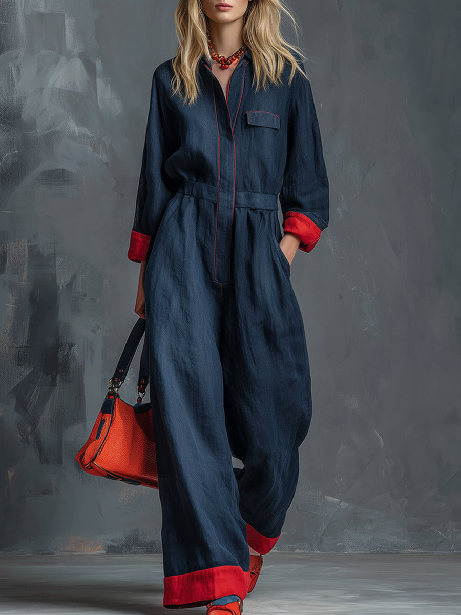 Retro Casual Style Red Piping Navy Blue Long-sleeve Jumpsuit