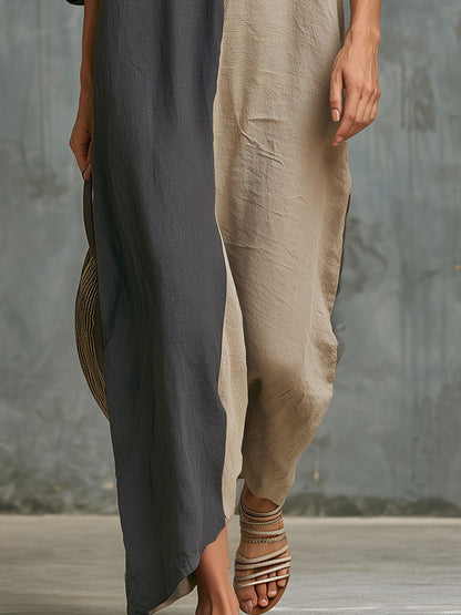 Casual Retro Gray Color-blocked Hooded V-neck Cotton Linen Maxi Dress