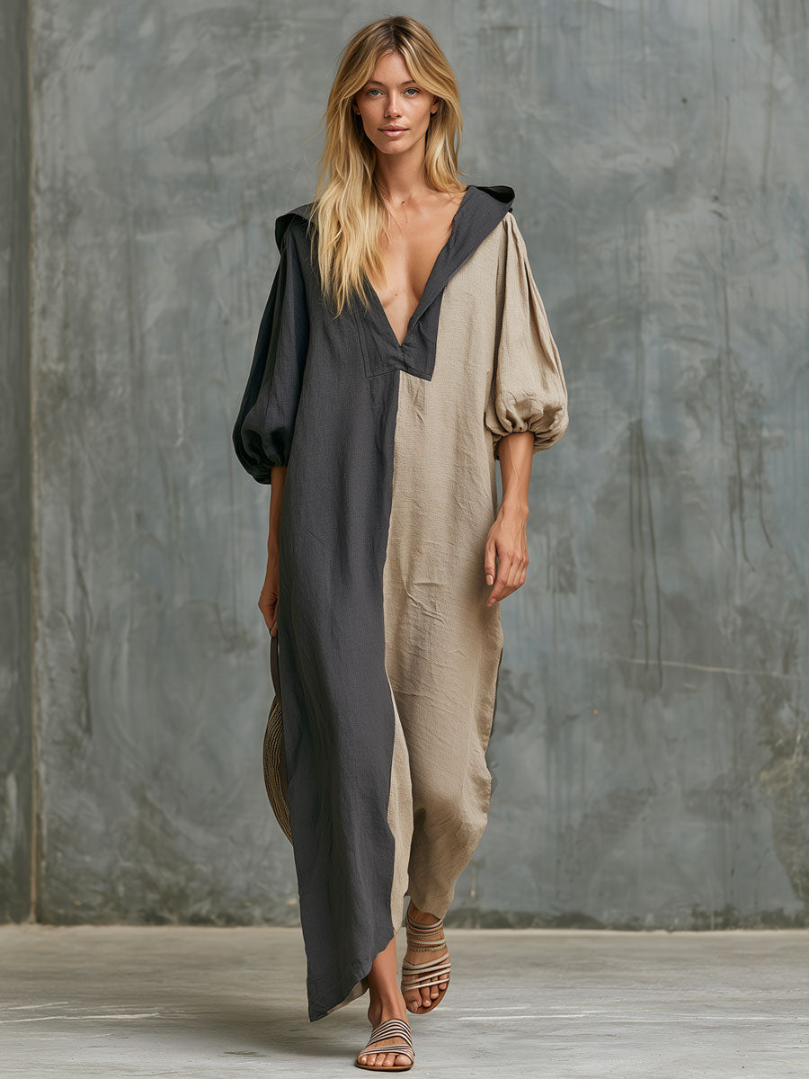 Casual Retro Gray Color-blocked Hooded V-neck Cotton Linen Maxi Dress