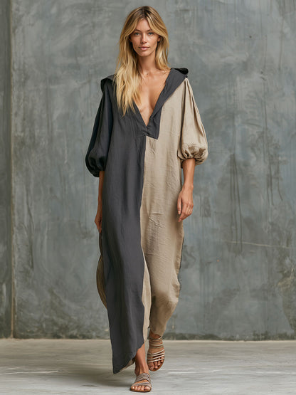 Casual Retro Gray Color-blocked Hooded V-neck Cotton Linen Maxi Dress