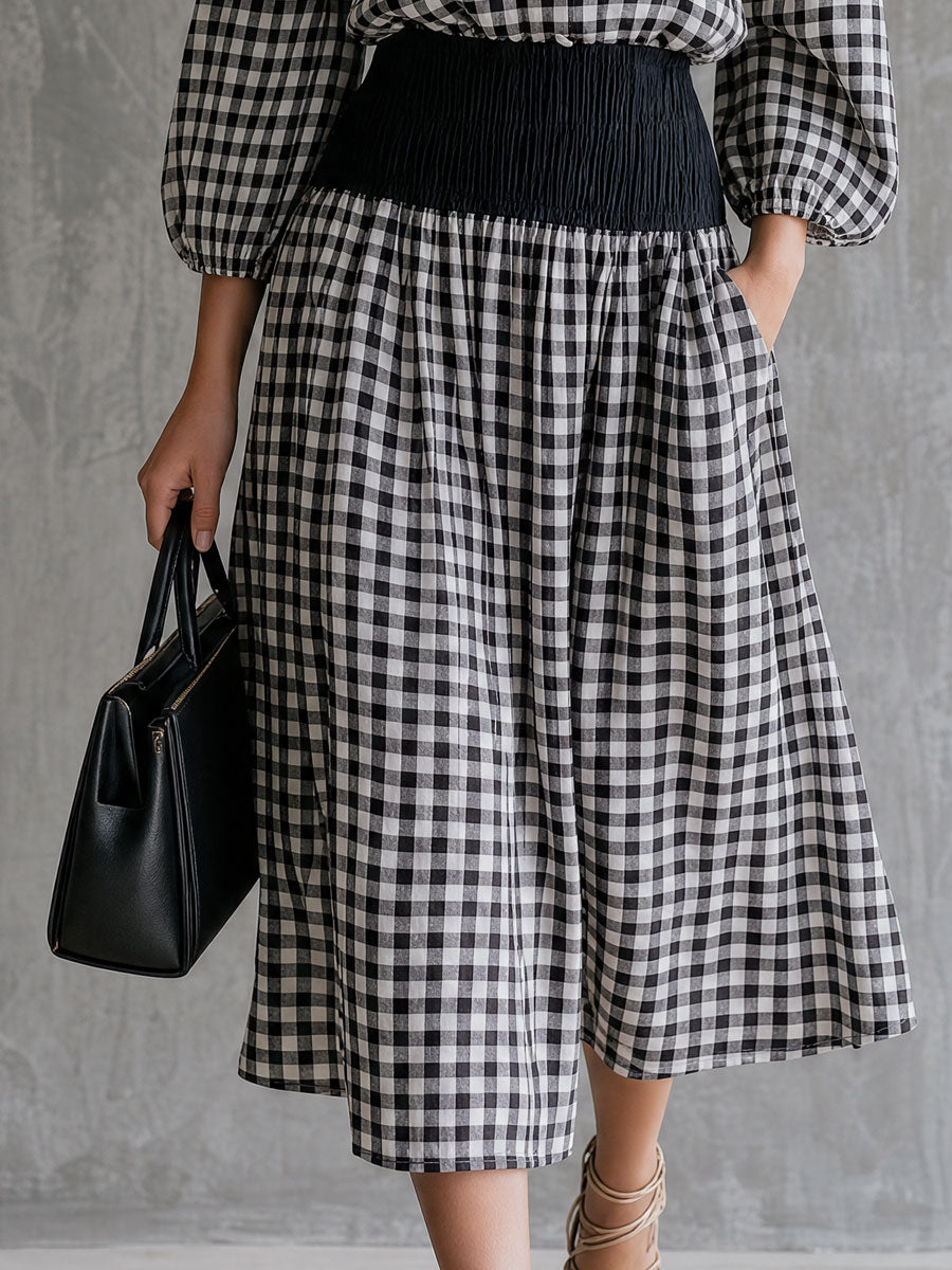 Casual Retro Black And White Checkered Crew Neck Button-down Shirt And Skirt Set