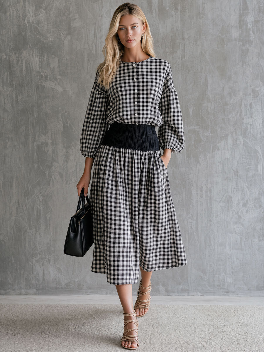 Casual Retro Black And White Checkered Crew Neck Button-down Shirt And Skirt Set