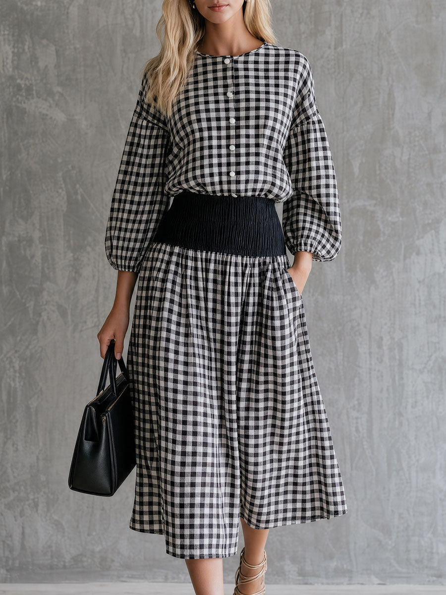Casual Retro Black And White Checkered Crew Neck Button-down Shirt And Skirt Set