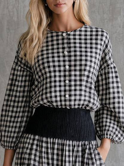 Casual Retro Black And White Checkered Crew Neck Button-down Shirt And Skirt Set