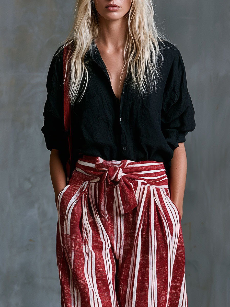 Casual Retro Black Shirt And Red Striped Cotton-linen Pants Set