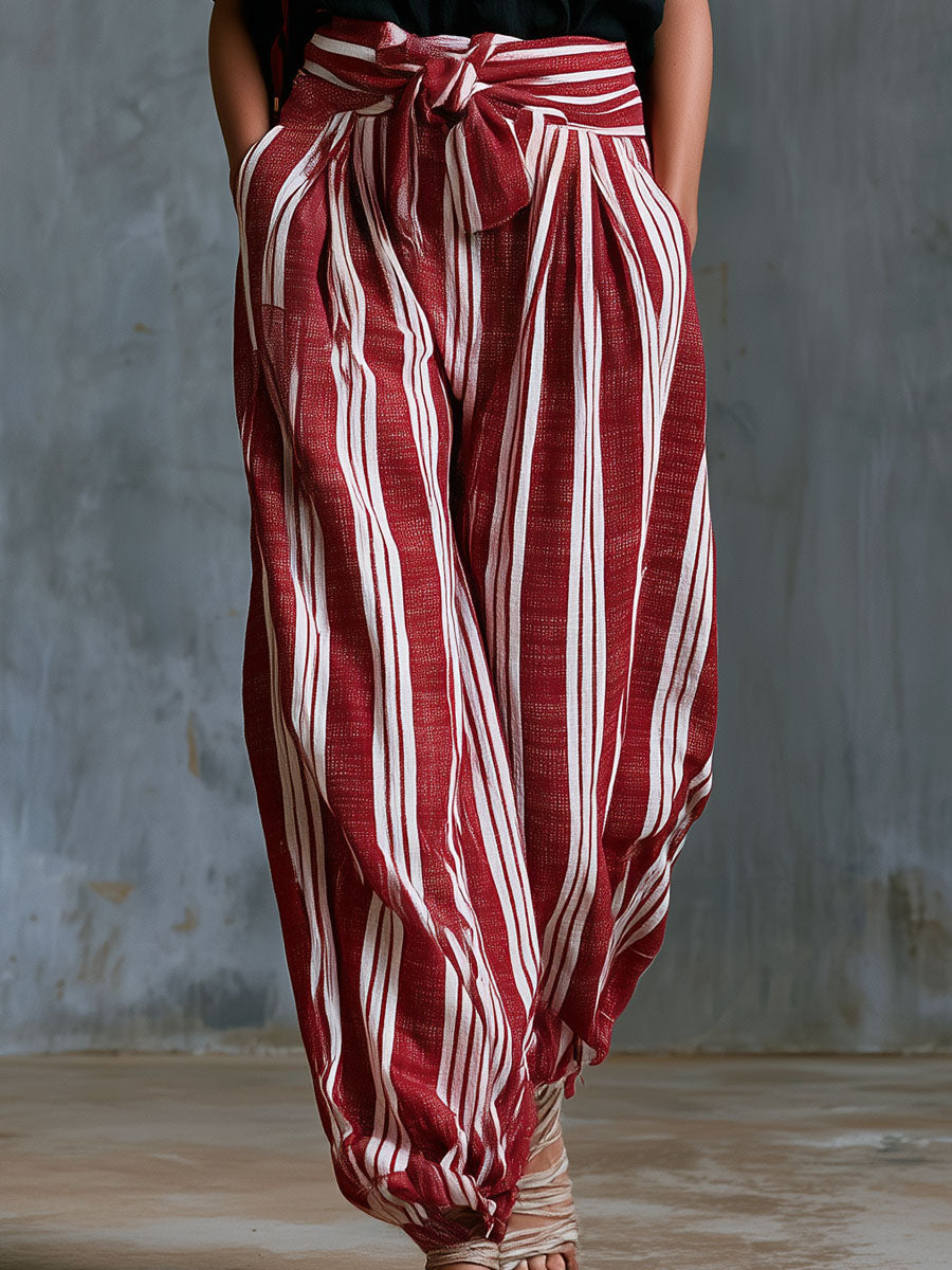 Casual Retro Black Shirt And Red Striped Cotton-linen Pants Set