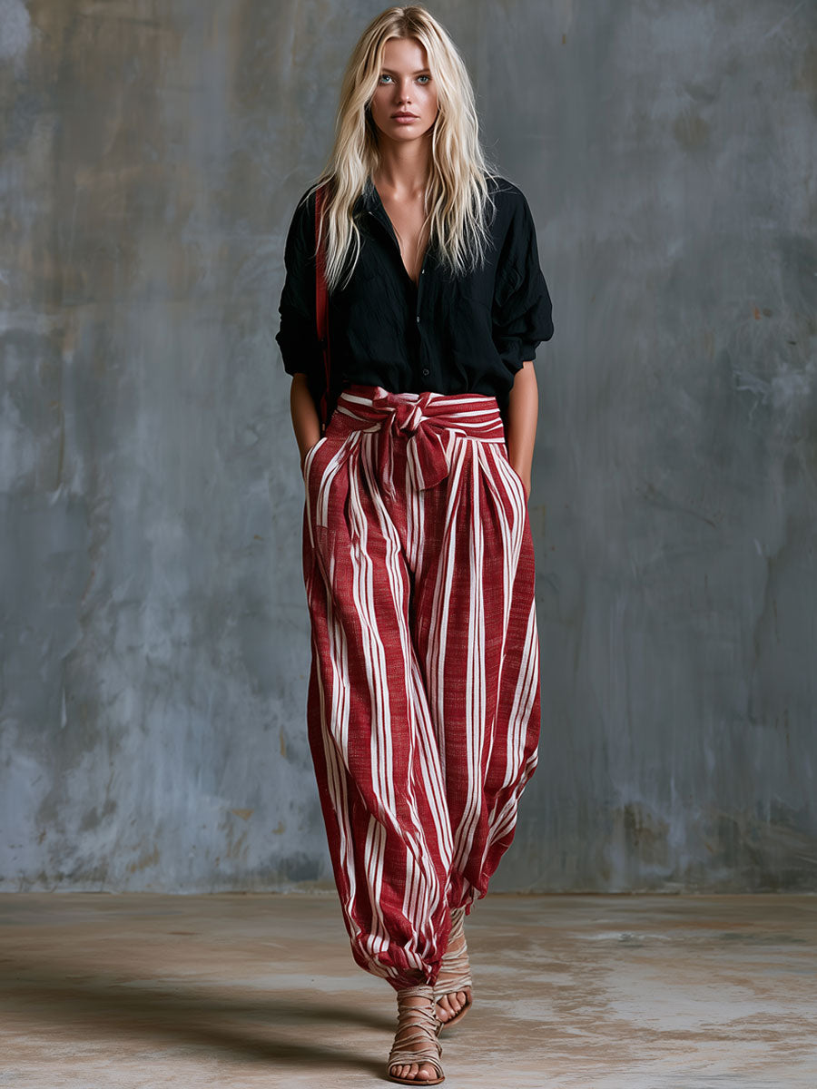 Casual Retro Black Shirt And Red Striped Cotton-linen Pants Set