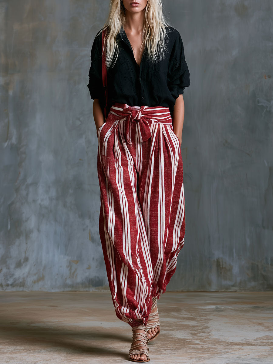 Casual Retro Black Shirt And Red Striped Cotton-linen Pants Set