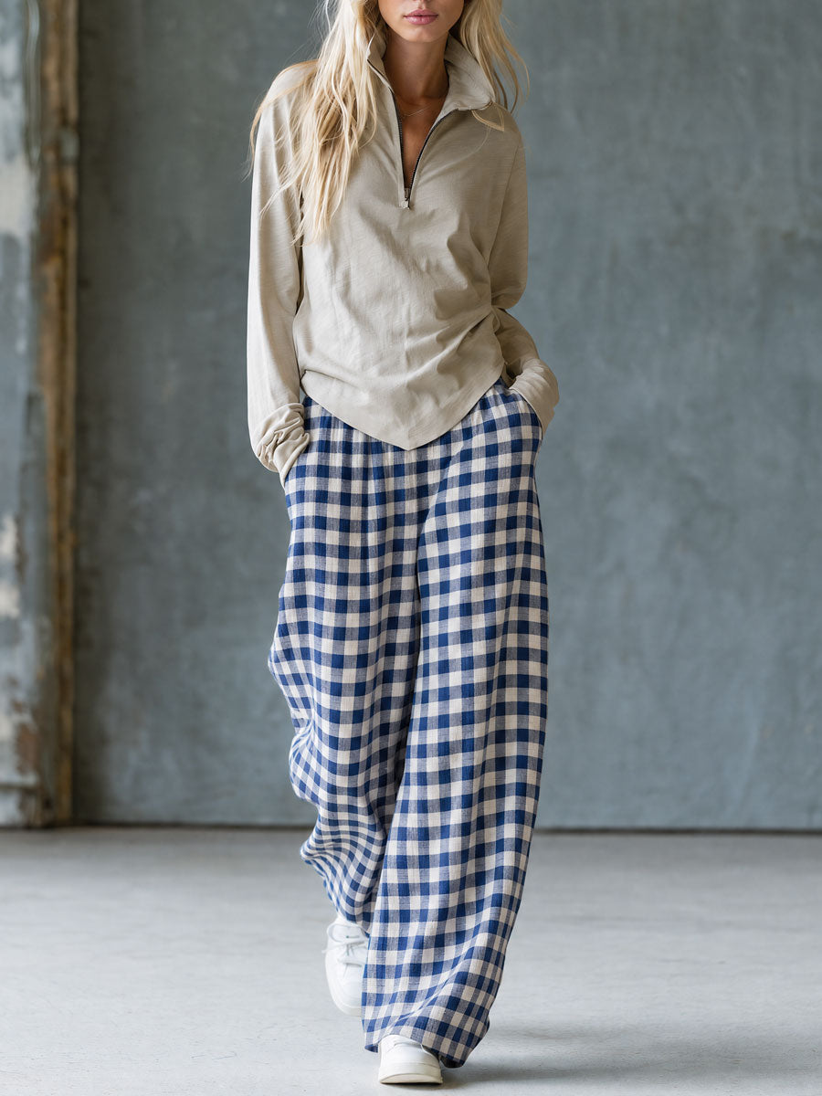 Casual Retro Light Khaki Stand-up Collar Cotton T-shirt And Blue Plaid Pants Set