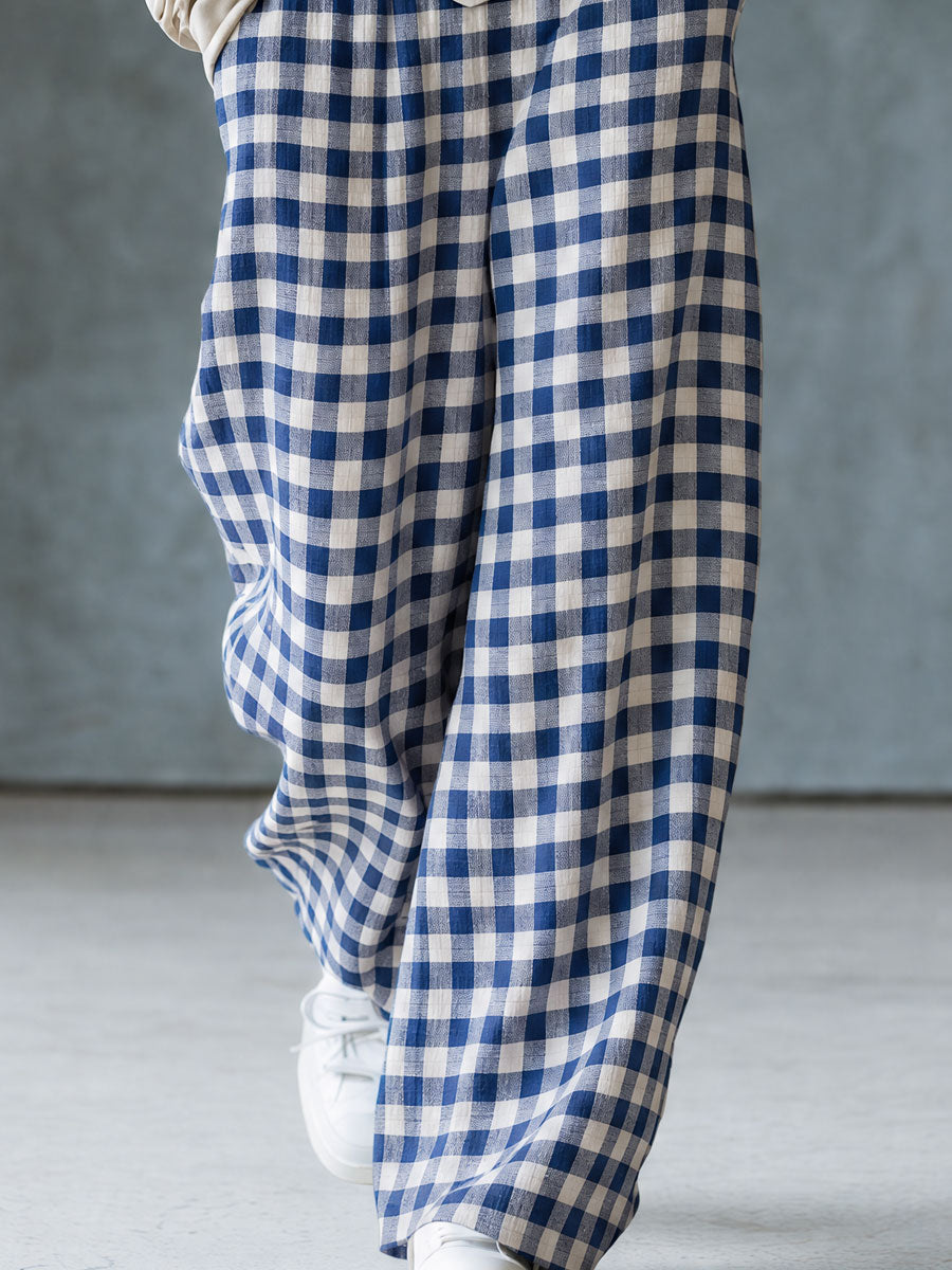 Casual Retro Light Khaki Stand-up Collar Cotton T-shirt And Blue Plaid Pants Set